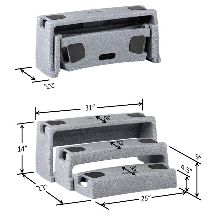 ResQUp dimensions showing three graduated steps, folded configuration, and compact storage measurements