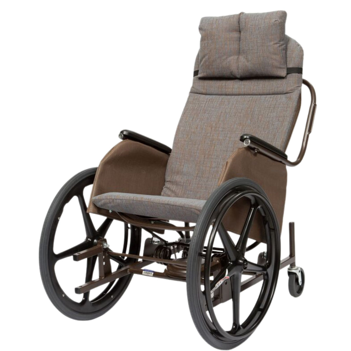 Front view of the Rock 'N Go tilt-in-space wheelchair in grey Illusion Mesquite fabric, shown without front footrests