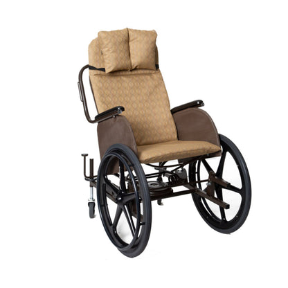 Front view of the Rock 'N Go tilt-in-space wheelchair in golden Lattice fabric, shown without front footrests