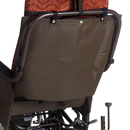 Close-up of the Rock 'N Go storage pouch snapped onto the back of the seat, showing the snap-button attachment
