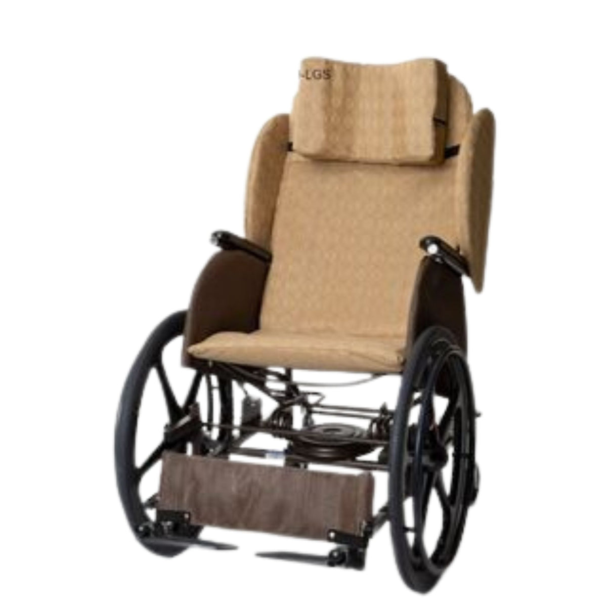 Rock 'N Go rocking wheelchair with cognac frame and golden Lattice cushion in the upright seated position
