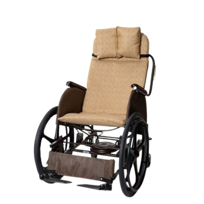 Rock 'N Go rocking wheelchair with cognac frame and golden Lattice cushion, upright with standard footplates