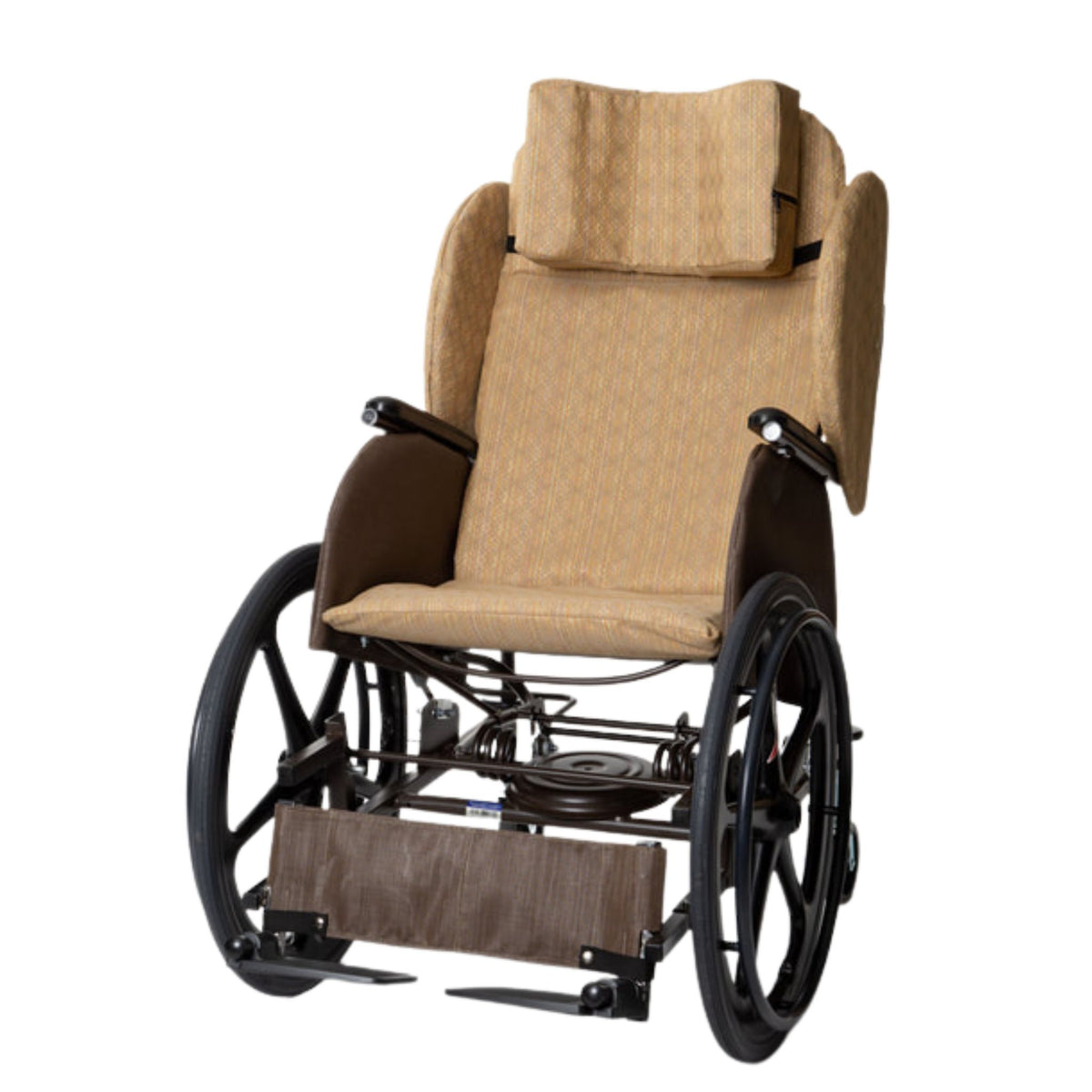 Rock 'N Go rocking wheelchair in Lattice fabric fitted with lateral trunk supports and a support head pillow