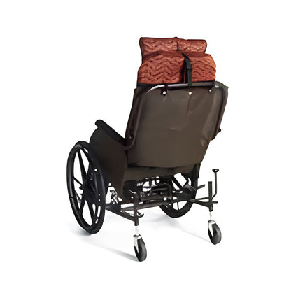 Rear view of a Rock 'N Go tilt-in-space wheelchair with the storage pouch fastened across the back of the seat