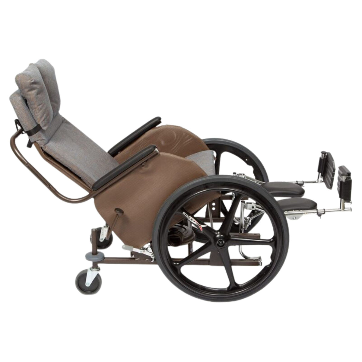 Side profile of the Rock 'N Go reclined in tilt-in-space with grey Illusion Mesquite fabric and elevating legrests