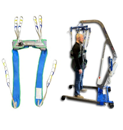 Patient lift with sling and wheeled base designed for safe transfers and caregiver assistance in homecare settings