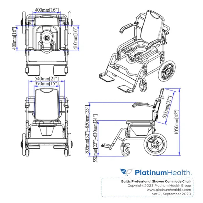 Baltic™ Professional Transporter Shower/Commode Chair with 14” Rear Wheels – Platinum Health