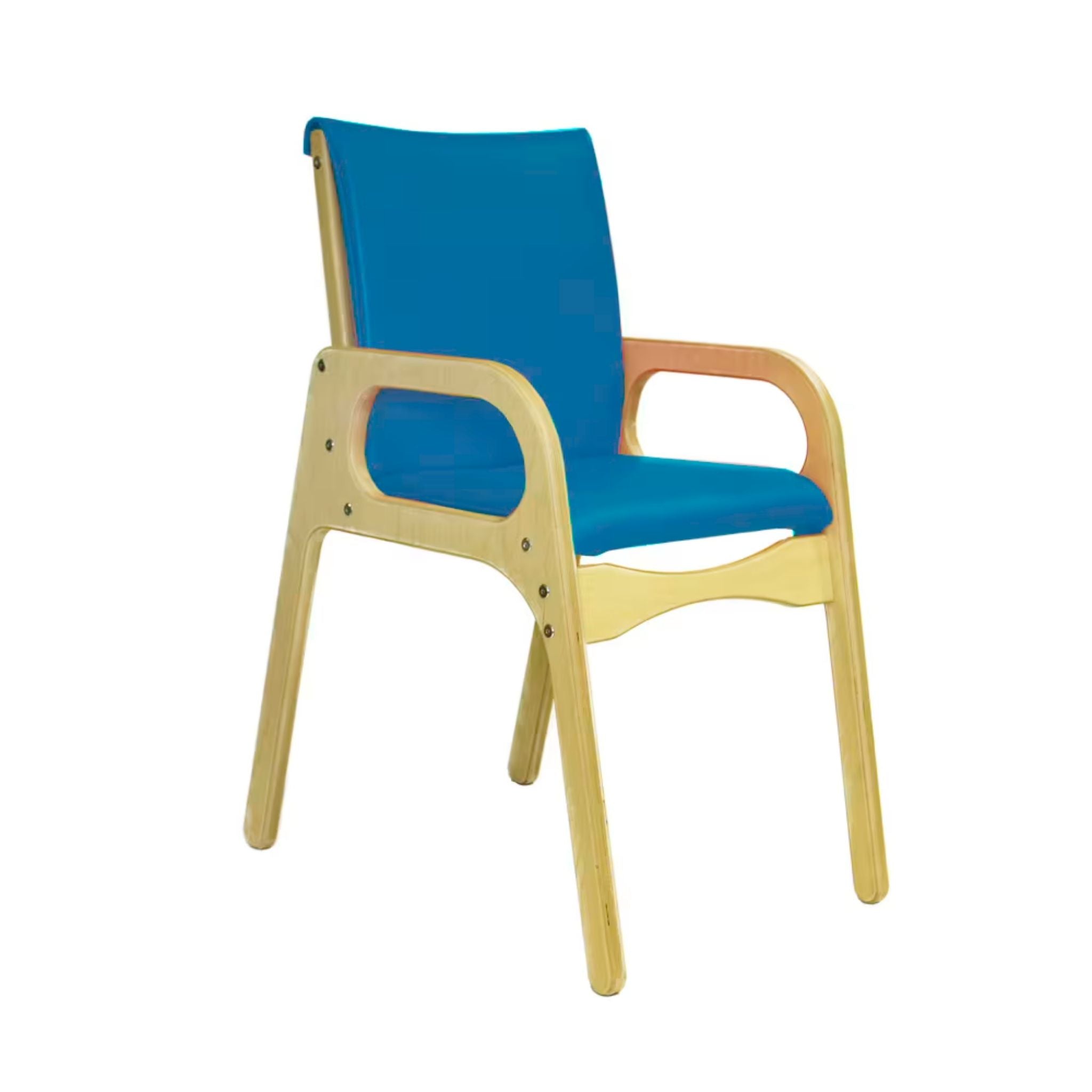 Smirthwaite Felix school chair with blue cushioned seat and back, natural wood armrests, and wide anti-tip legs.