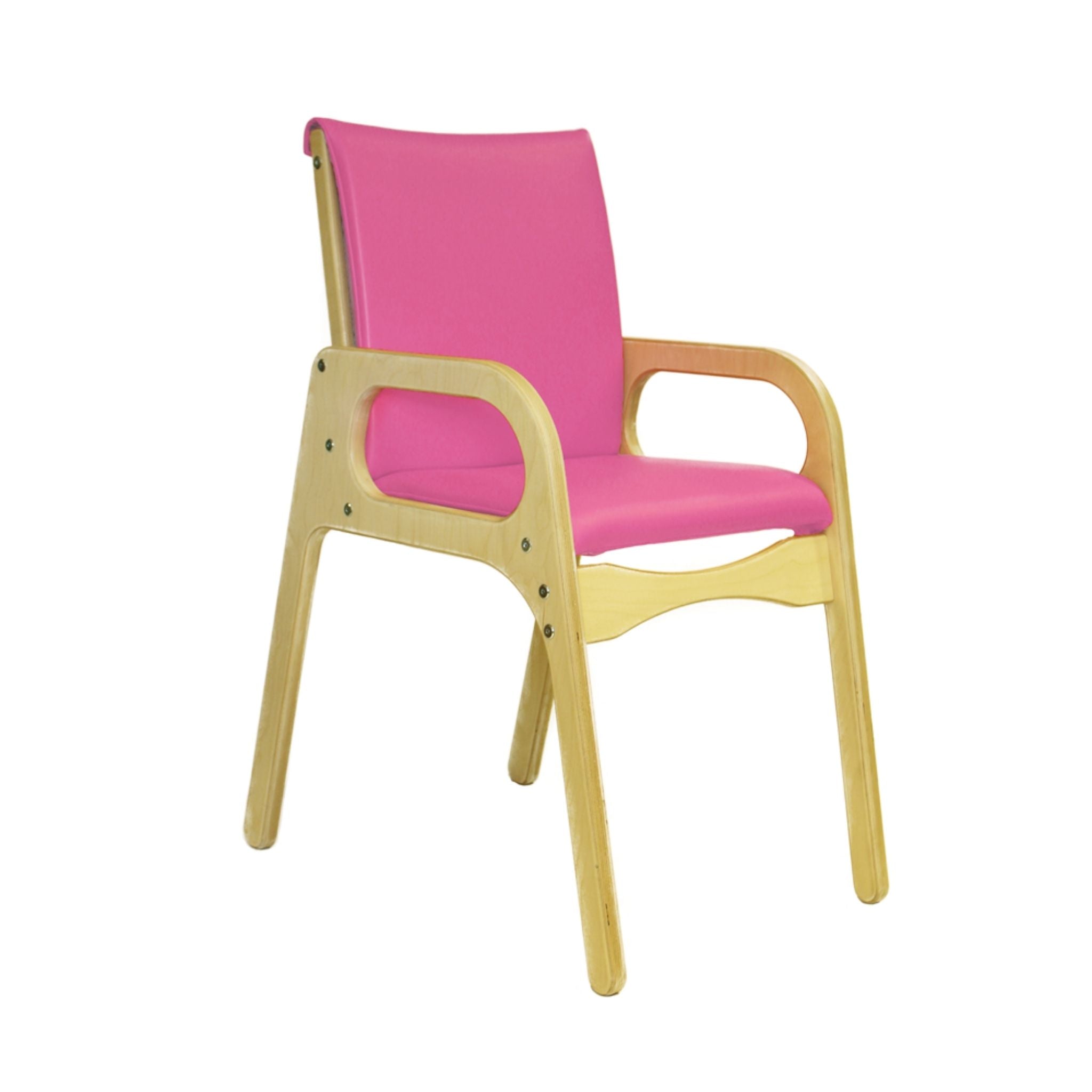 Smirthwaite Felix school chair with candy pink cushioned seat and back, wooden armrests, and wide anti-tip legs.