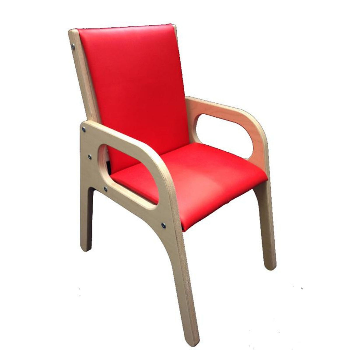 Smirthwaite Felix school chair with red cushioned seat and back, natural wood armrests, and wide anti-tip legs.