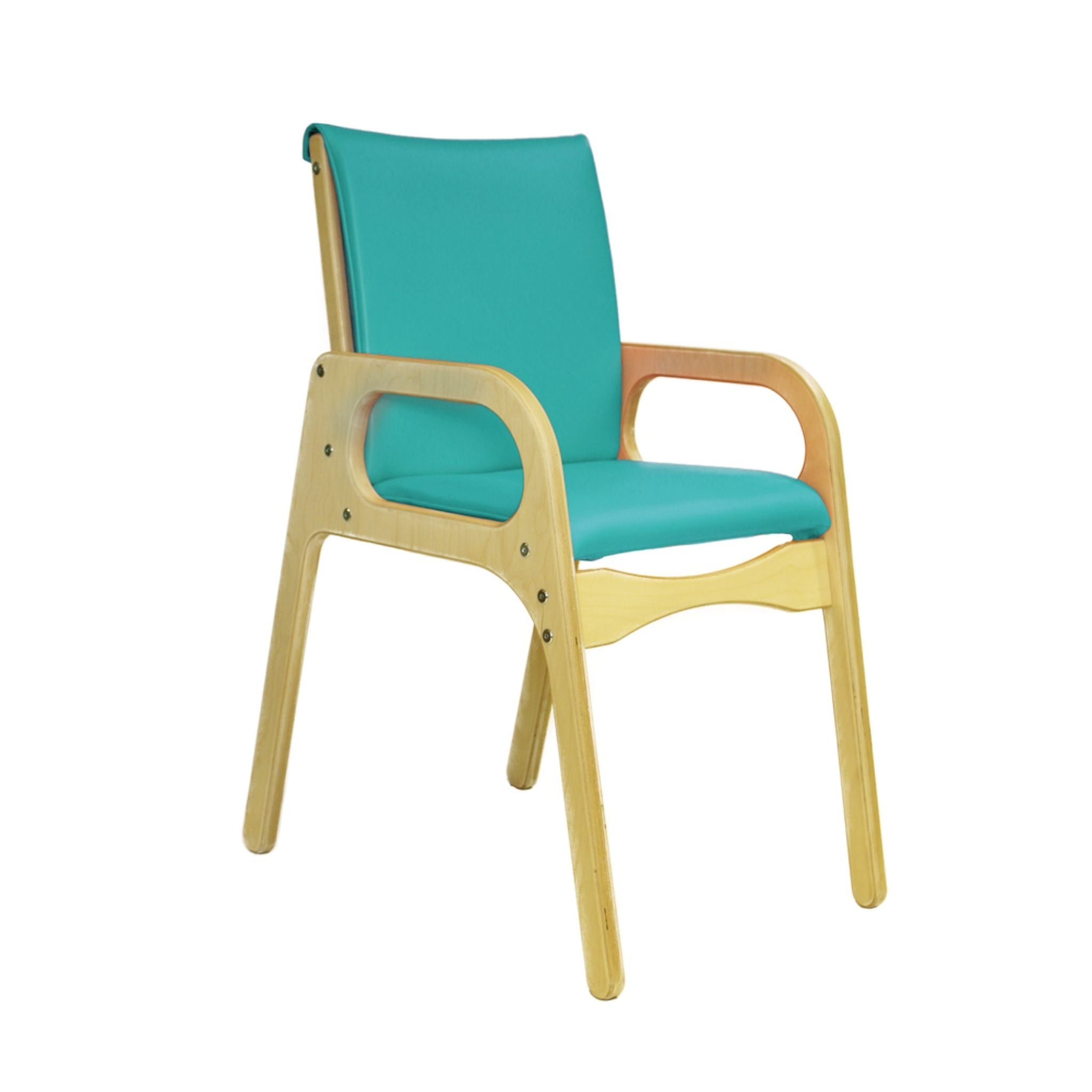 Smirthwaite Felix school chair with sea green cushioned seat and back, wooden armrests, and wide anti-tip leg base.