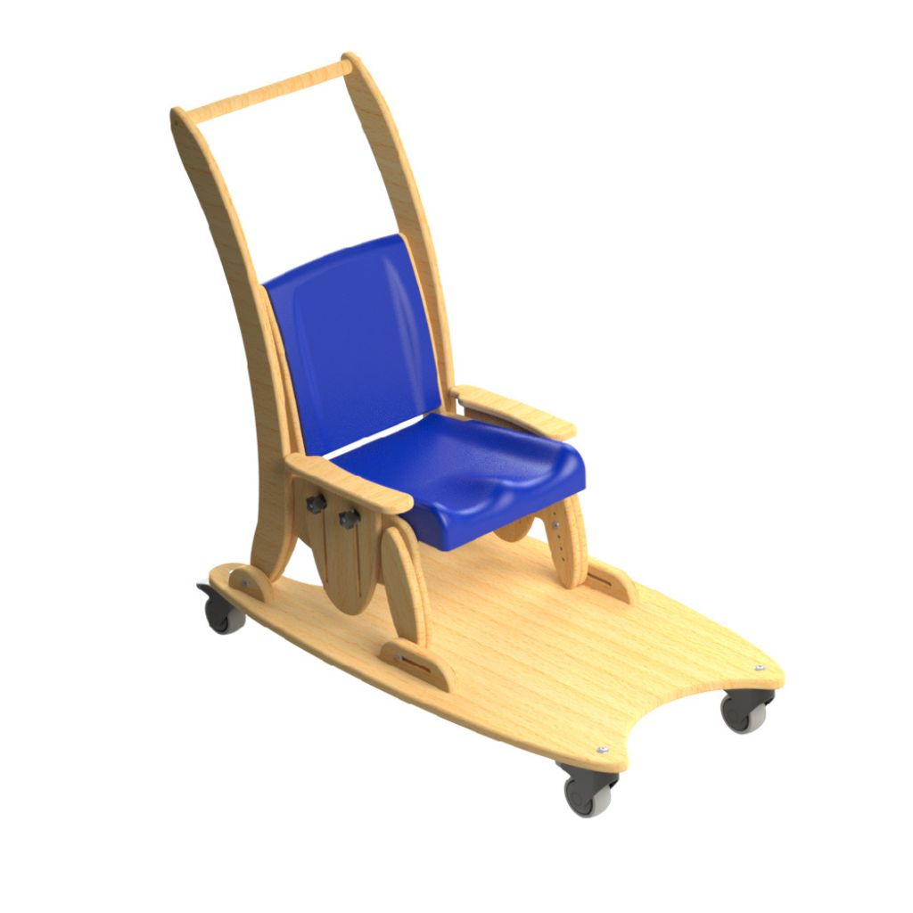 Blue Smirthwaite Juni chair on a wooden dolly base with castors and a tall push handle for easy movement.