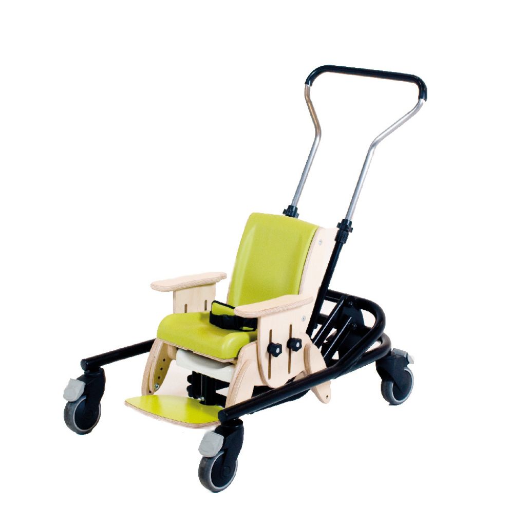 Green Smirthwaite Juni chair on a wheeled mobile base with swivel castors and a push handle for moving.