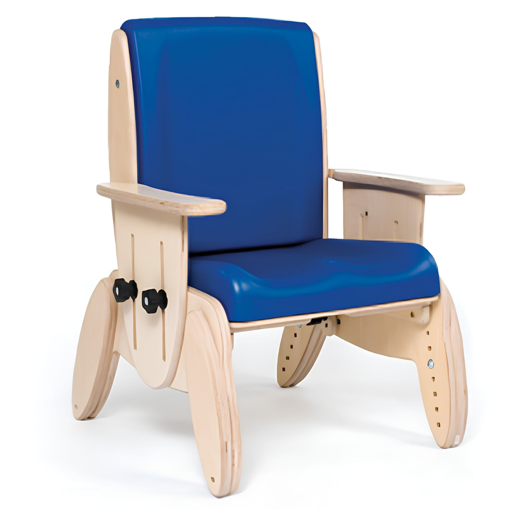 Blue Smirthwaite Juni postural chair with a contoured seat, wooden armrests, and adjustable wide-base frame.