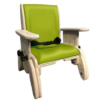 Lime green Smirthwaite Juni postural chair with flat wooden armrests, a lap strap, and an adjustable frame.