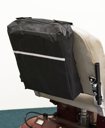 Diestco Standard Seatback Bag mounted on a mobility scooter captain seatback with a reflective strip