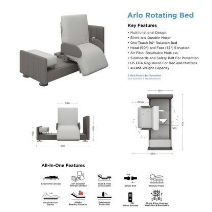 StarSleep Arlo rotating bed infographic listing key features, all-in-one icons, and dimension diagrams