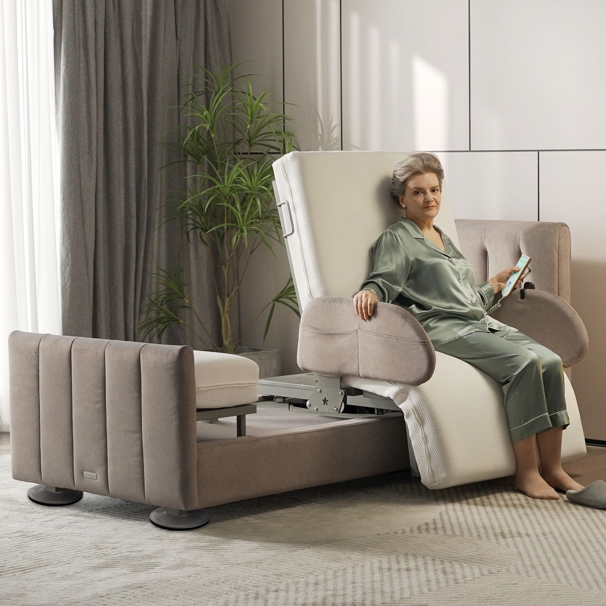 User seated in the StarSleep Orin rotating bed after completing the lift and rotation transfer sequence.