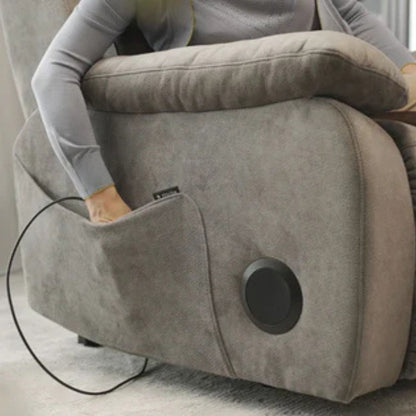 Side storage pocket on Starise power lift recliner for remote controls, accessories, and personal items