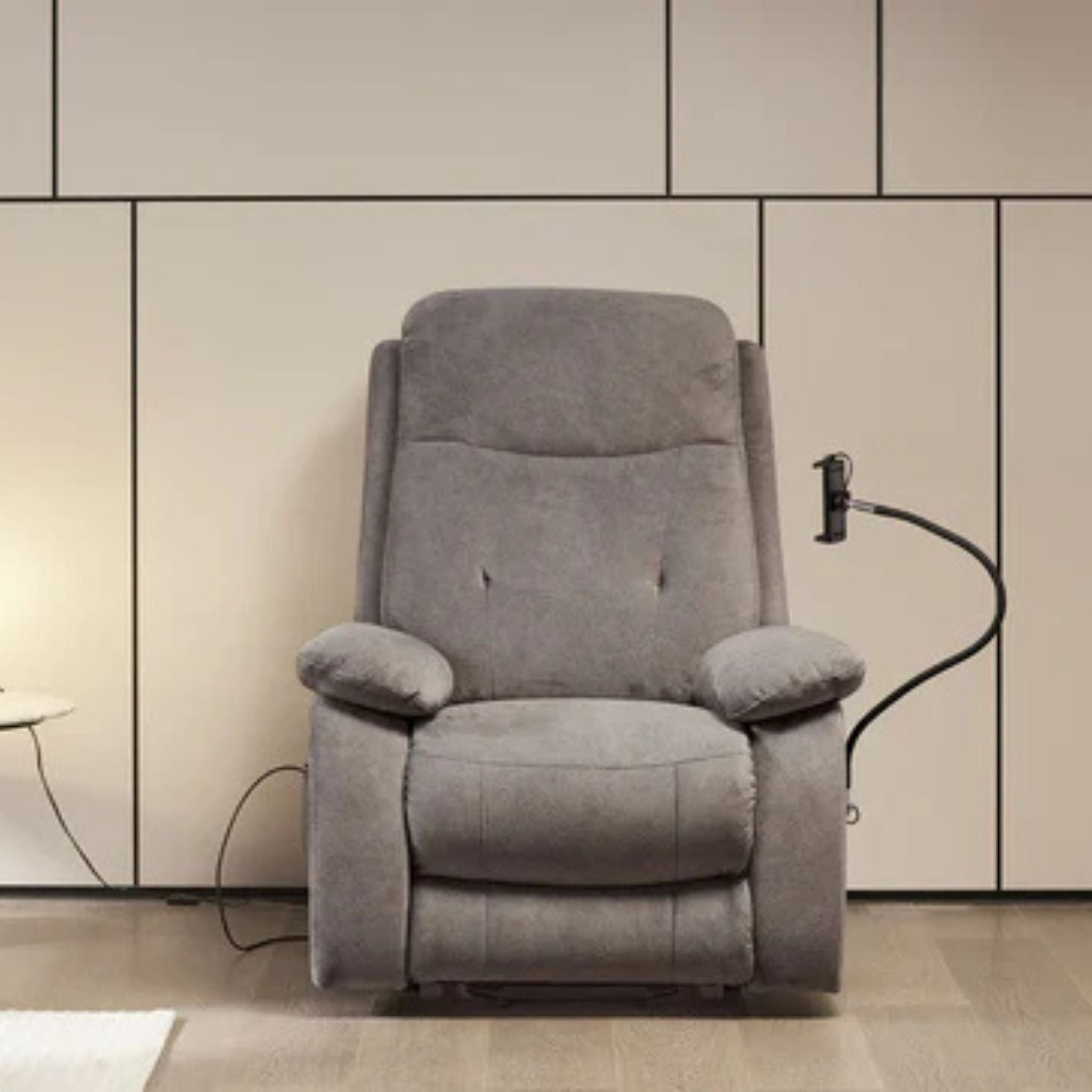 Front view of Starise electric power lift recliner chair with supportive cushioning and mounted device holder