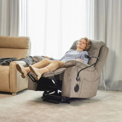 Woman reclining in Starise zero gravity power lift chair for pressure relief, relaxation, and home comfort support
