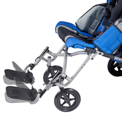 Close-up of the Strive EZ swing-away footrest showing the angle-adjustable footplates in several positions
