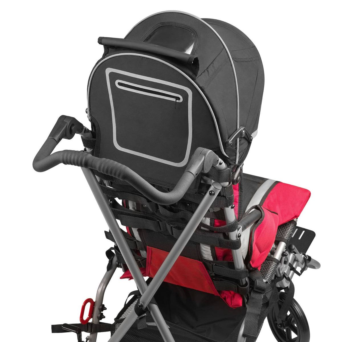 Rear view of a red Strive EZ adaptive stroller showing the canopy's zippered back pocket, push handle, and tension-adjustable back straps