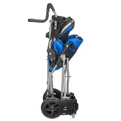 Blue Circle Specialty Strive EZ adaptive stroller folded flat, side view showing the compact folded frame