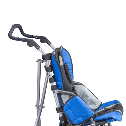 Close-up of the Strive EZ one-piece push handle tilted back to a mid-angle position above the blue padded back