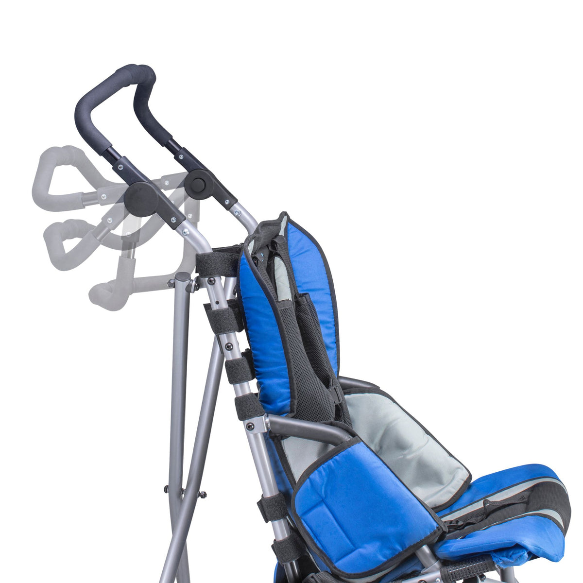 Strive EZ one-piece push handle shown in several height and angle positions on a blue adaptive stroller