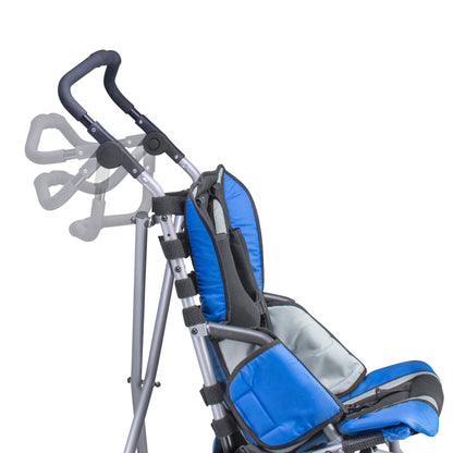 Strive EZ one-piece push handle shown in several height and angle positions on a blue adaptive stroller