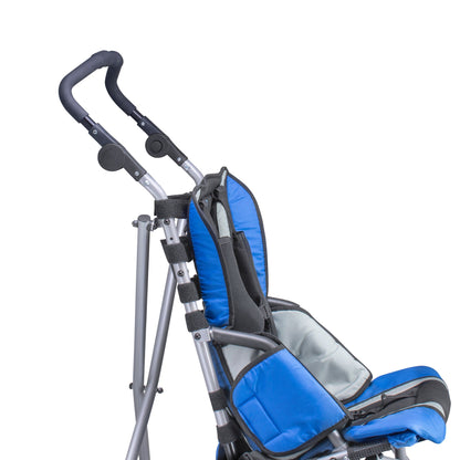 Close-up of the Strive EZ one-piece push handle raised to an upright position above the blue padded back