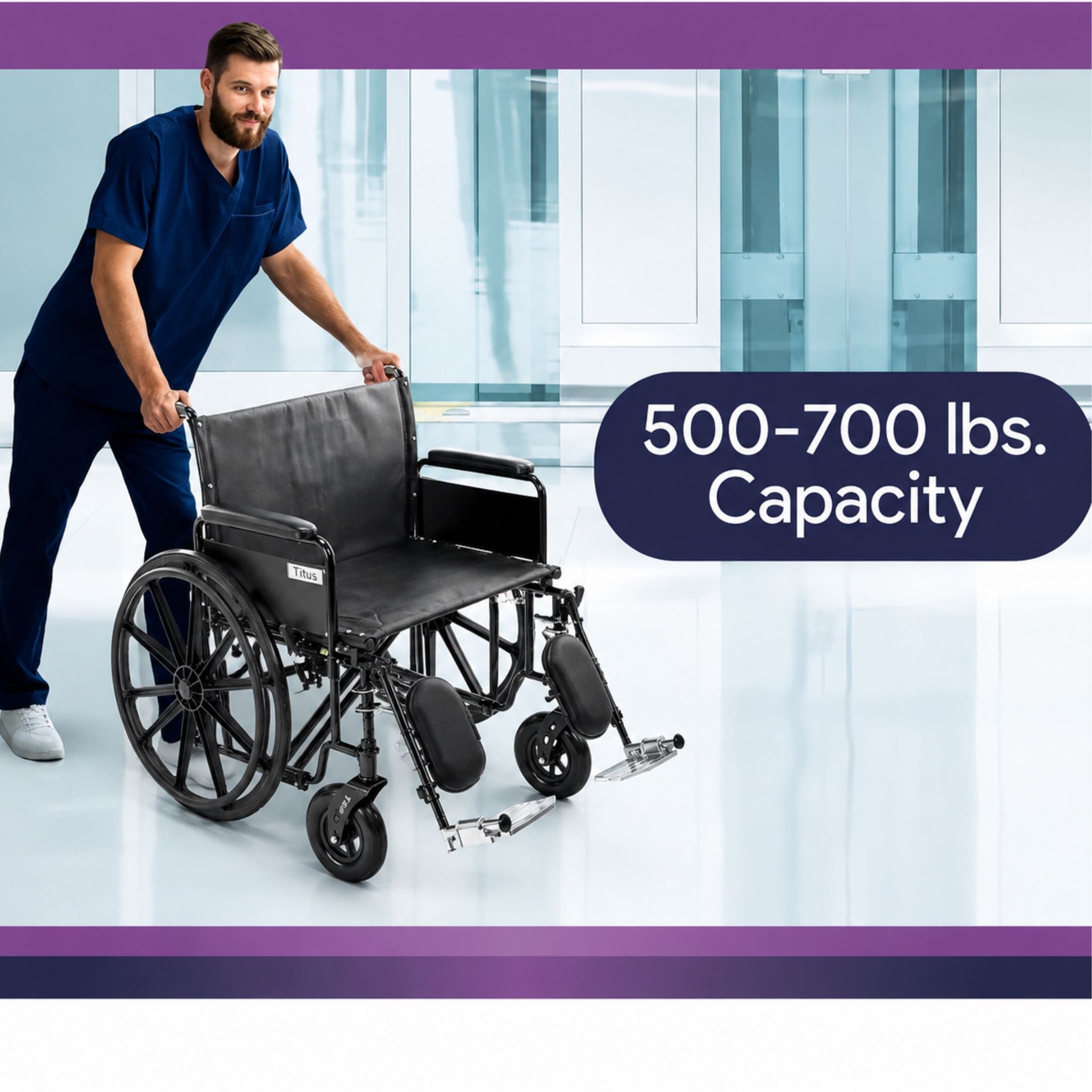 Caregiver standing beside the Titus heavy-duty bariatric wheelchair highlighting extra-wide seating and reinforced support with weight capacities ranging from 500 to 700 lbs for dependable daily mobility.