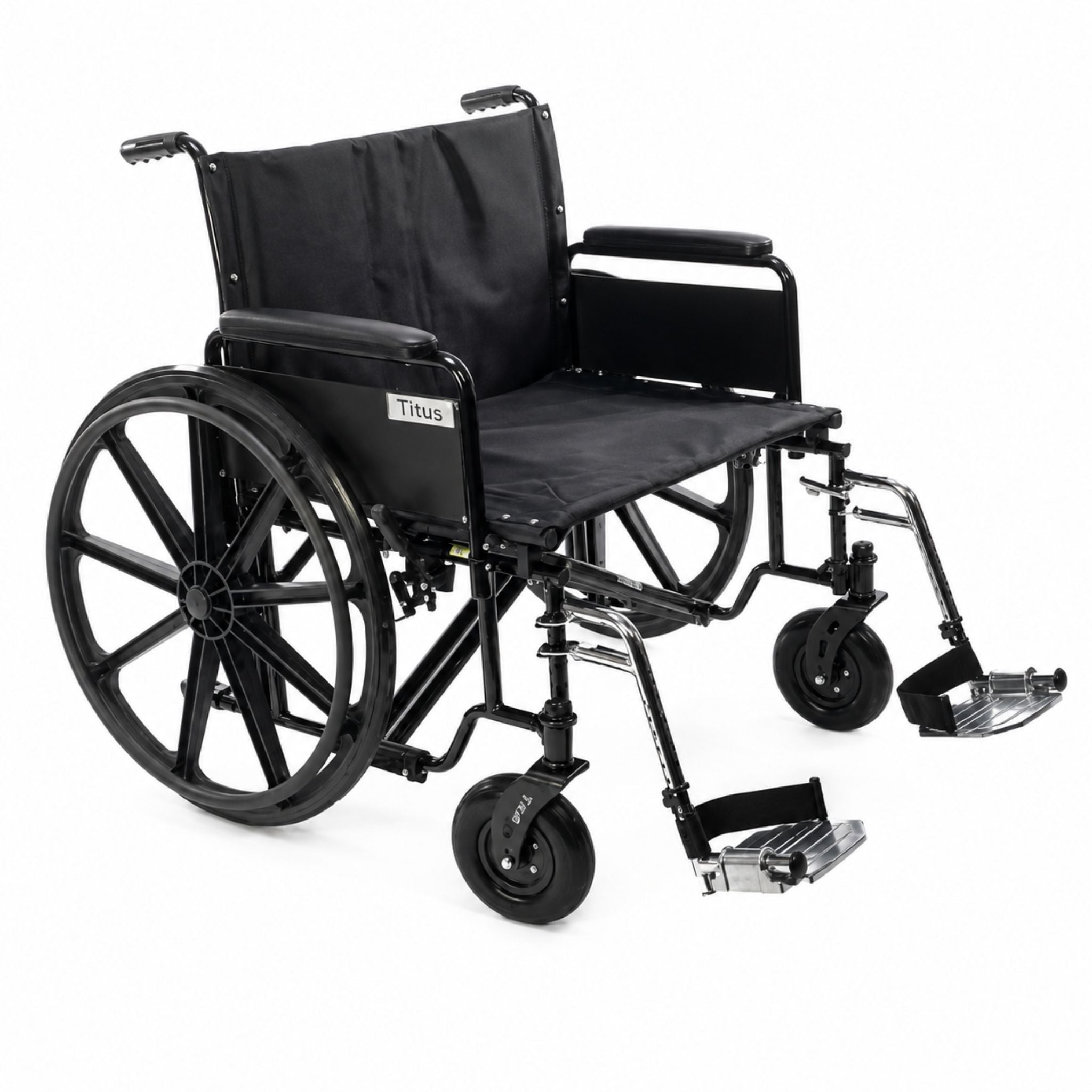 Front angle studio image of the Titus heavy-duty bariatric wheelchair featuring reinforced steel frame construction, extra-wide seating, removable arms, and durable rear wheels for high-capacity daily mobility support.