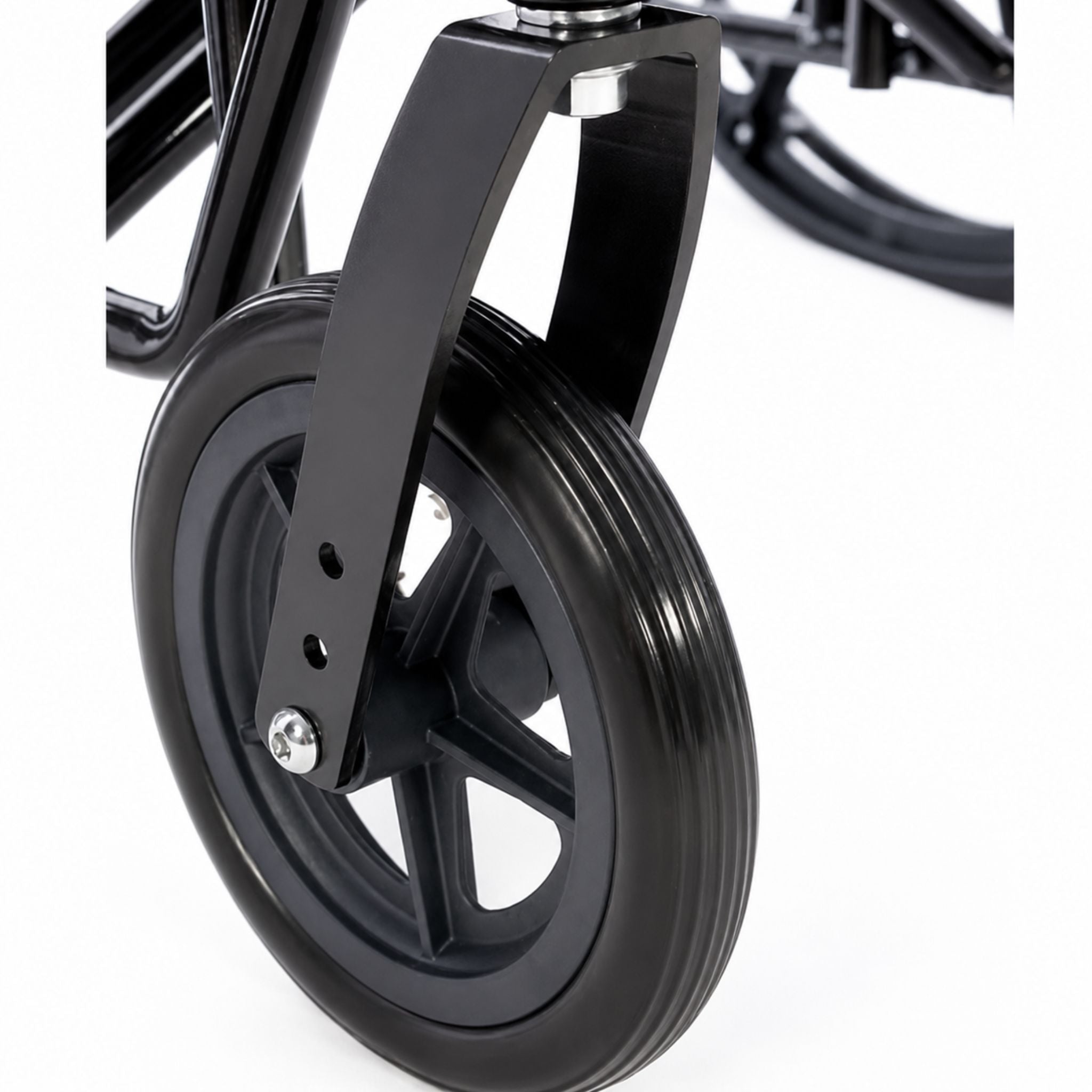Close-up image of the Titus bariatric wheelchair front caster wheel showing durable 8-inch caster construction for smooth indoor and outdoor maneuverability.