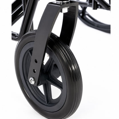 Close-up image of the Titus bariatric wheelchair front caster wheel showing durable 8-inch caster construction for smooth indoor and outdoor maneuverability.