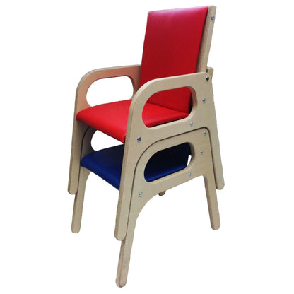 Two Smirthwaite Felix school chairs stacked together in red and blue, showing the space-saving stackable design.