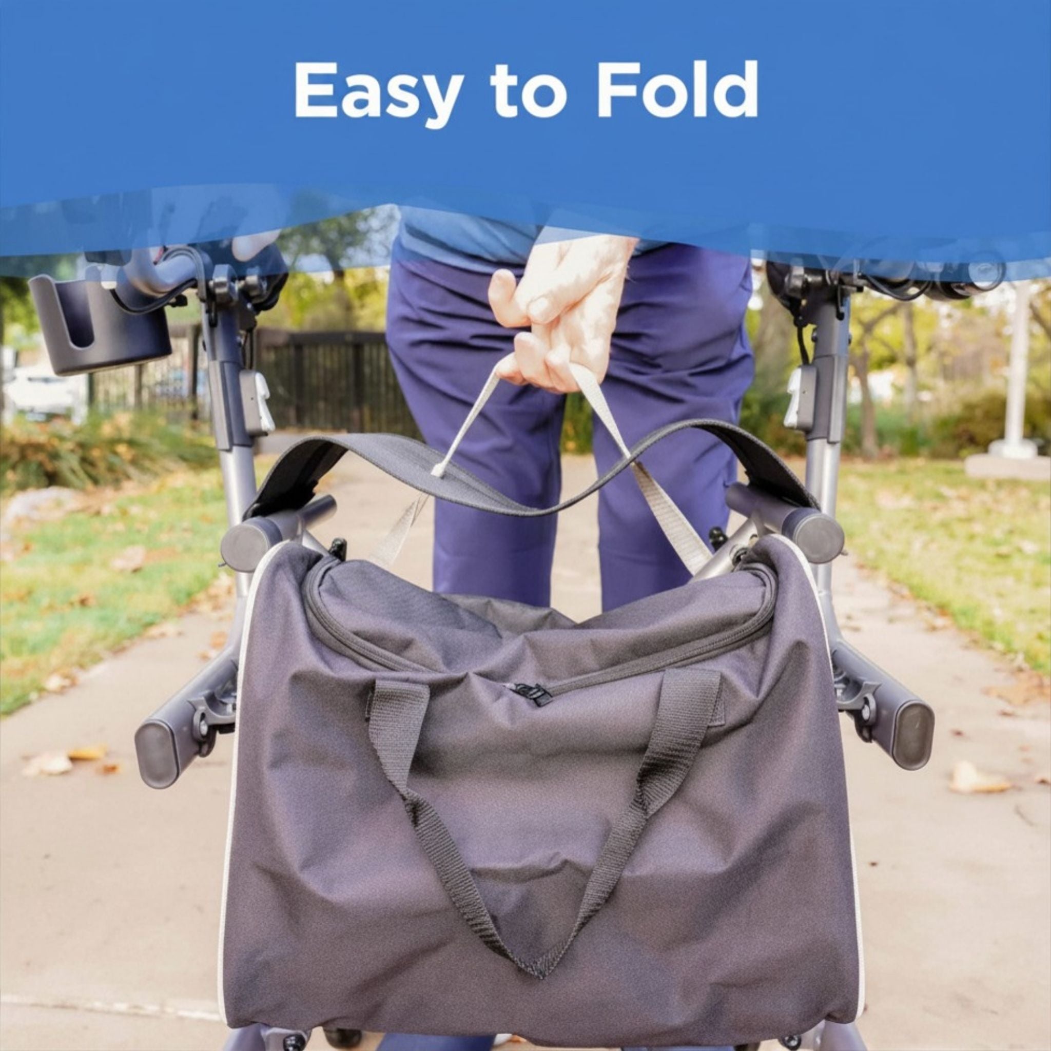 User folding the lightweight UPWalker EZ Lite upright rollator for compact storage and transportation