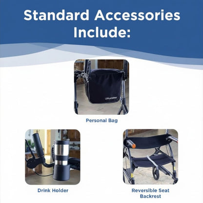 UPWalker EZ Lite upright rollator accessories including personal storage bag, drink holder, and reversible seat backrest