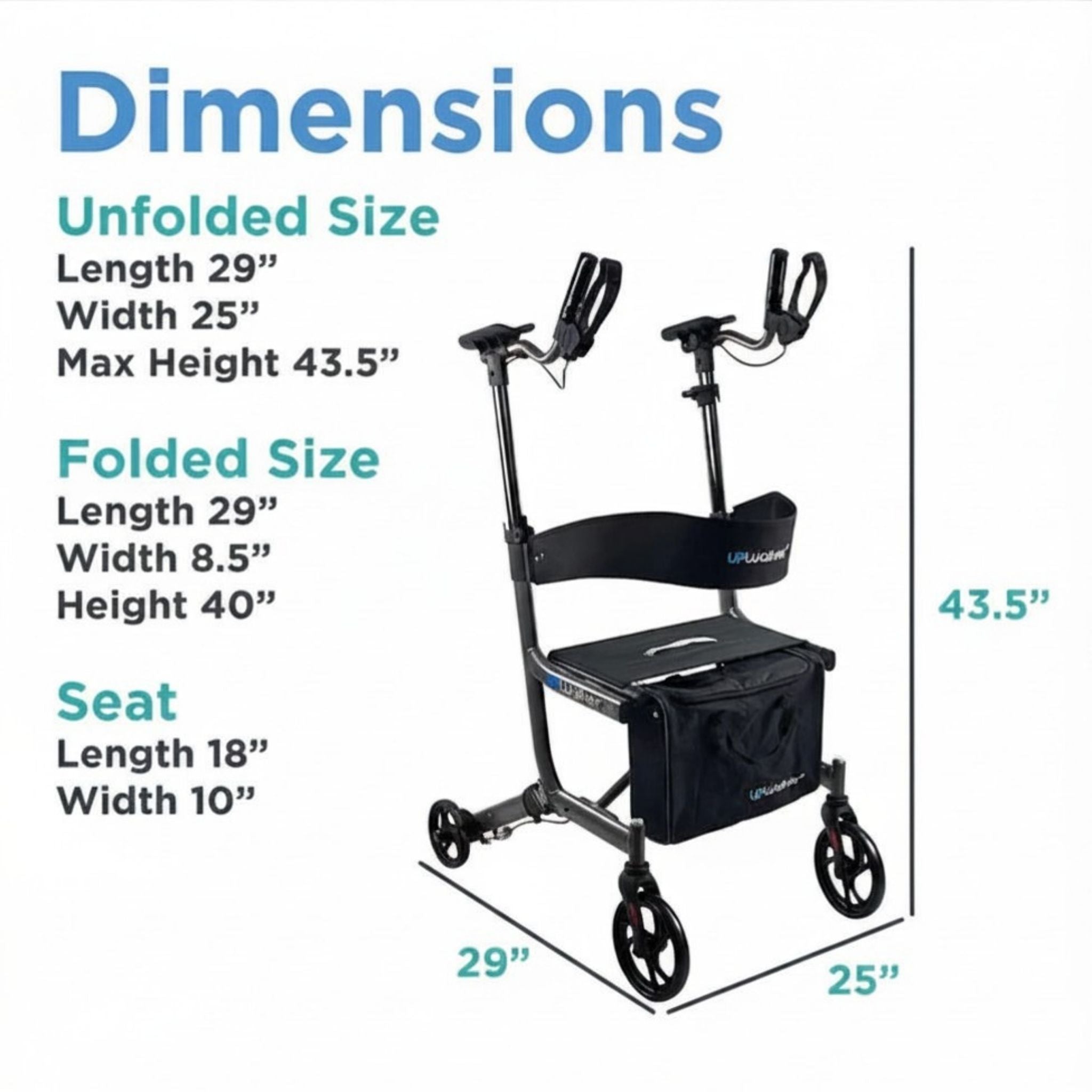 Dimensions chart for the UPWalker EZ Lite upright rollator showing unfolded size, folded storage size, and seat measurements