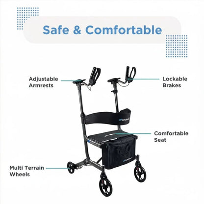 Feature overview of the UPWalker EZ Lite upright rollator highlighting adjustable armrests, lockable brakes, comfortable seat, and multi-terrain wheels