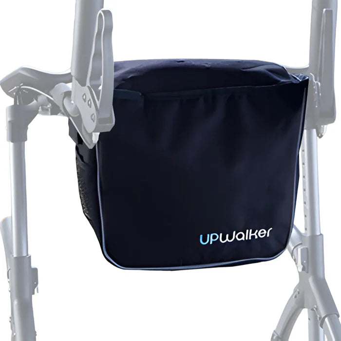UPWalker Luxury Personal Bag mounted on a Journey UPWalker rollator featuring secure zippered storage and premium fabric construction
