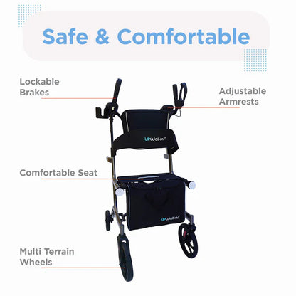 UPWalker Premium Lite upright walker feature overview showing adjustable armrests, lockable brakes, comfortable seat, and multi-terrain wheels for senior mobility support