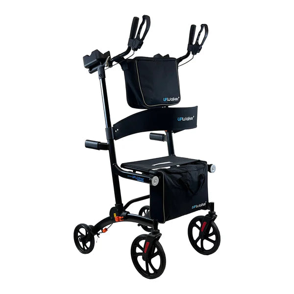 UPWalker Premium Lite upright rollator walker with adjustable armrests, ergonomic hand brakes, storage bags, and lightweight folding mobility frame for seniors