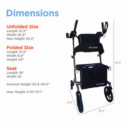 UPWalker Premium Lite upright rollator walker dimensions chart showing folded size, unfolded size, adjustable armrest height, and user height range