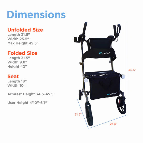 UPWalker Premium Lite upright rollator walker dimensions chart showing folded size, unfolded size, adjustable armrest height, and user height range
