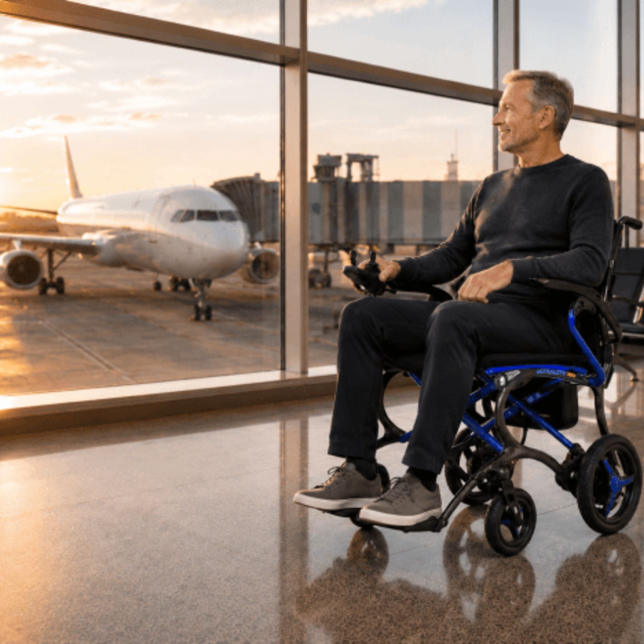 Traveler using the Ultralite G20 lightweight carbon fiber electric wheelchair inside an airport terminal with airplane in background for airline travel mobility use