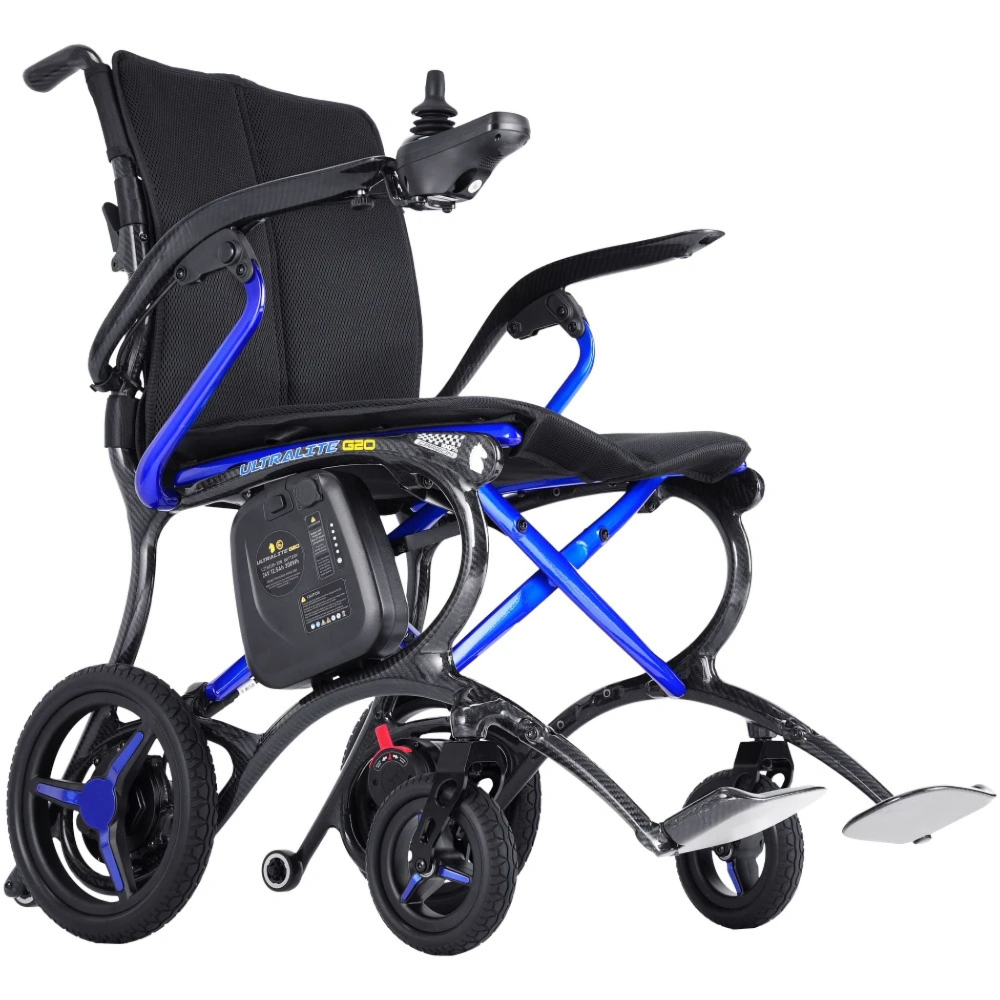 Front angle product image of the Ultralite G20 blue carbon fiber folding electric wheelchair with lightweight travel-ready frame, compact portable design, and ergonomic seating system