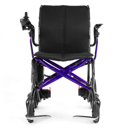 Front view of the Ultralite G20 lightweight carbon fiber folding electric wheelchair with ergonomic seating and compact travel-ready mobility design