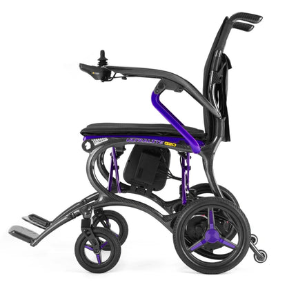 Opposite side profile of the Ultralite G20 lightweight carbon fiber folding electric wheelchair with compact travel-ready design and ergonomic frame geometry